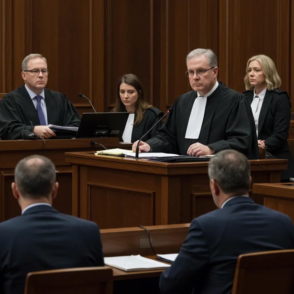 Courtroom scene depicting the judicial process in political corruption cases in Pakistan