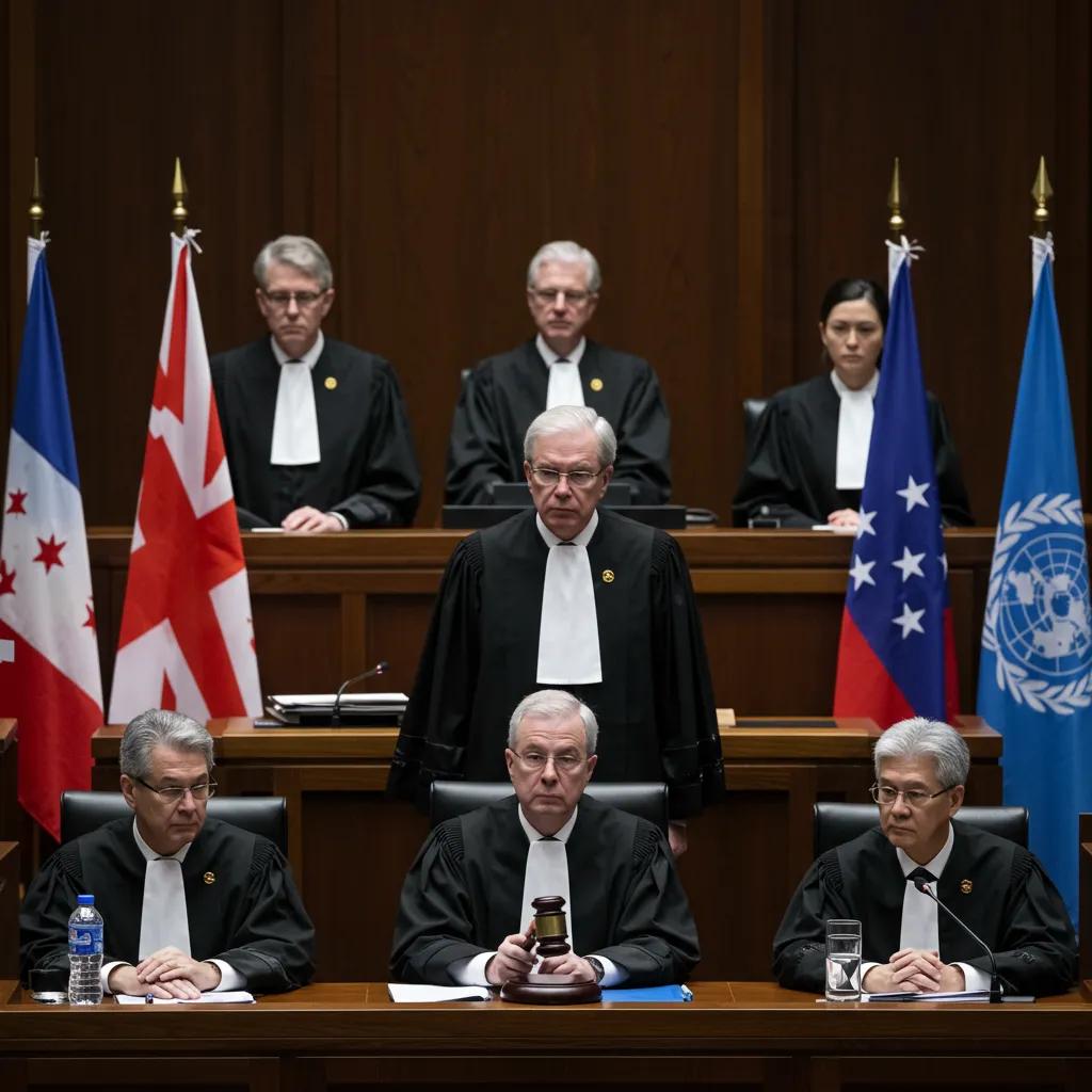 A solemn courtroom scene, featuring judges and international flags, symbolizing the pursuit of global justice