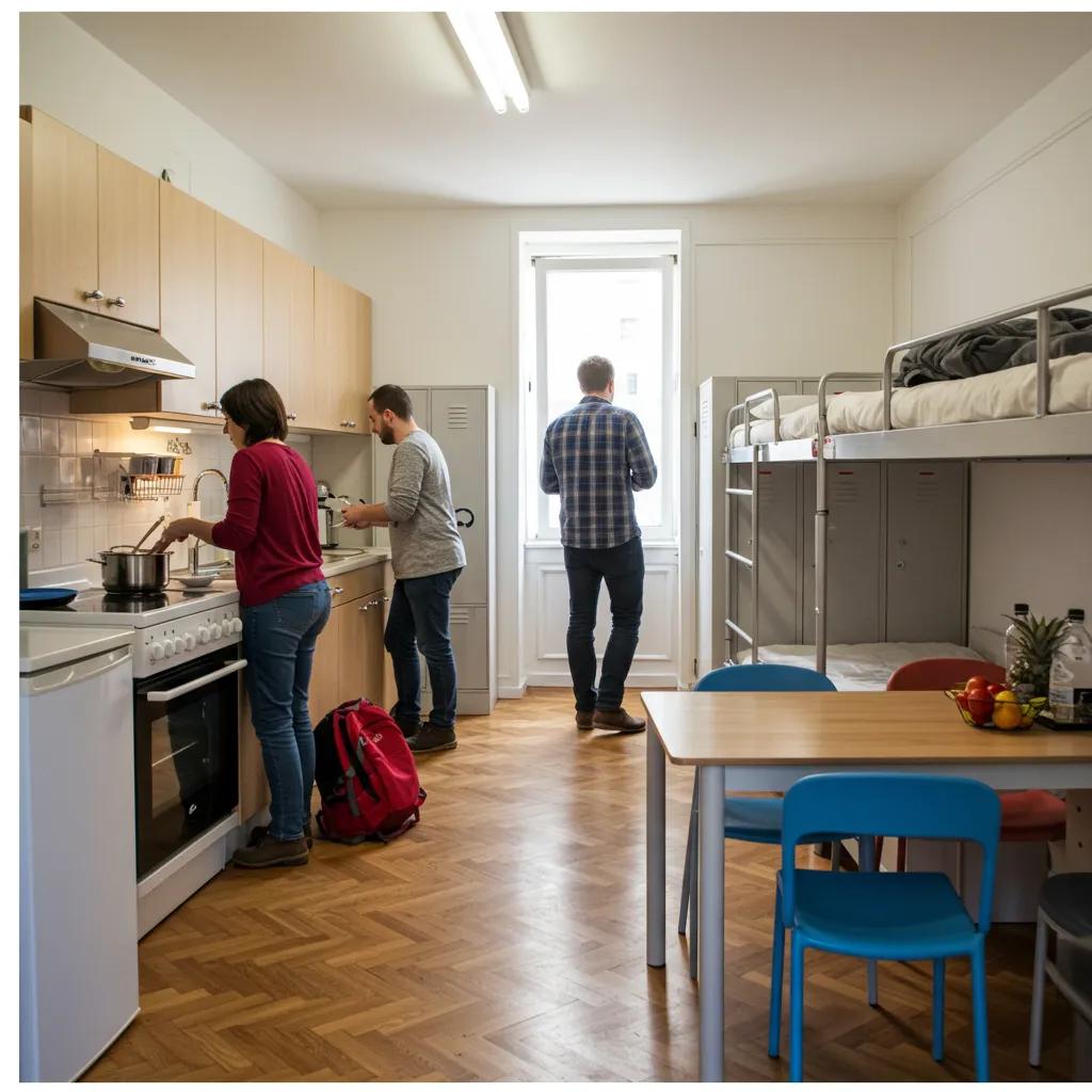Cozy budget accommodation with travelers in a shared kitchen and dormitory setting