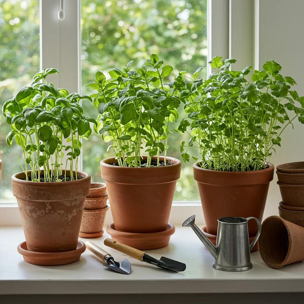 Cozy indoor herb garden on a windowsill with basil, mint, and coriander in natural light