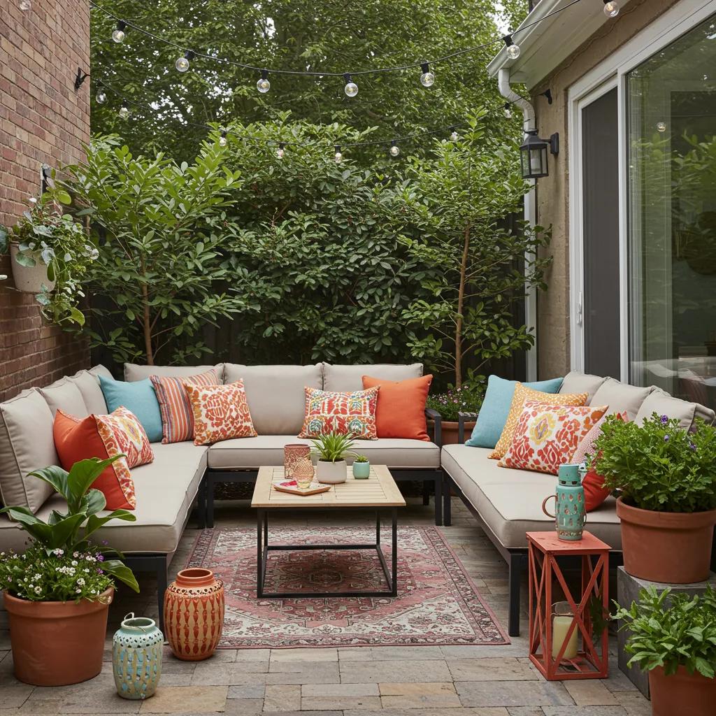 Cozy outdoor patio with comfortable seating, colorful cushions, and string lights for ambiance