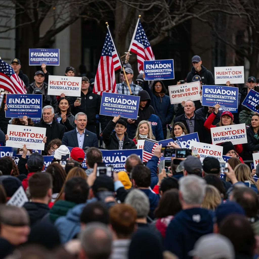An energetic crowd at a political rally, demonstrating robust support for various 2028 presidential candidates and highlighting widespread political engagement.