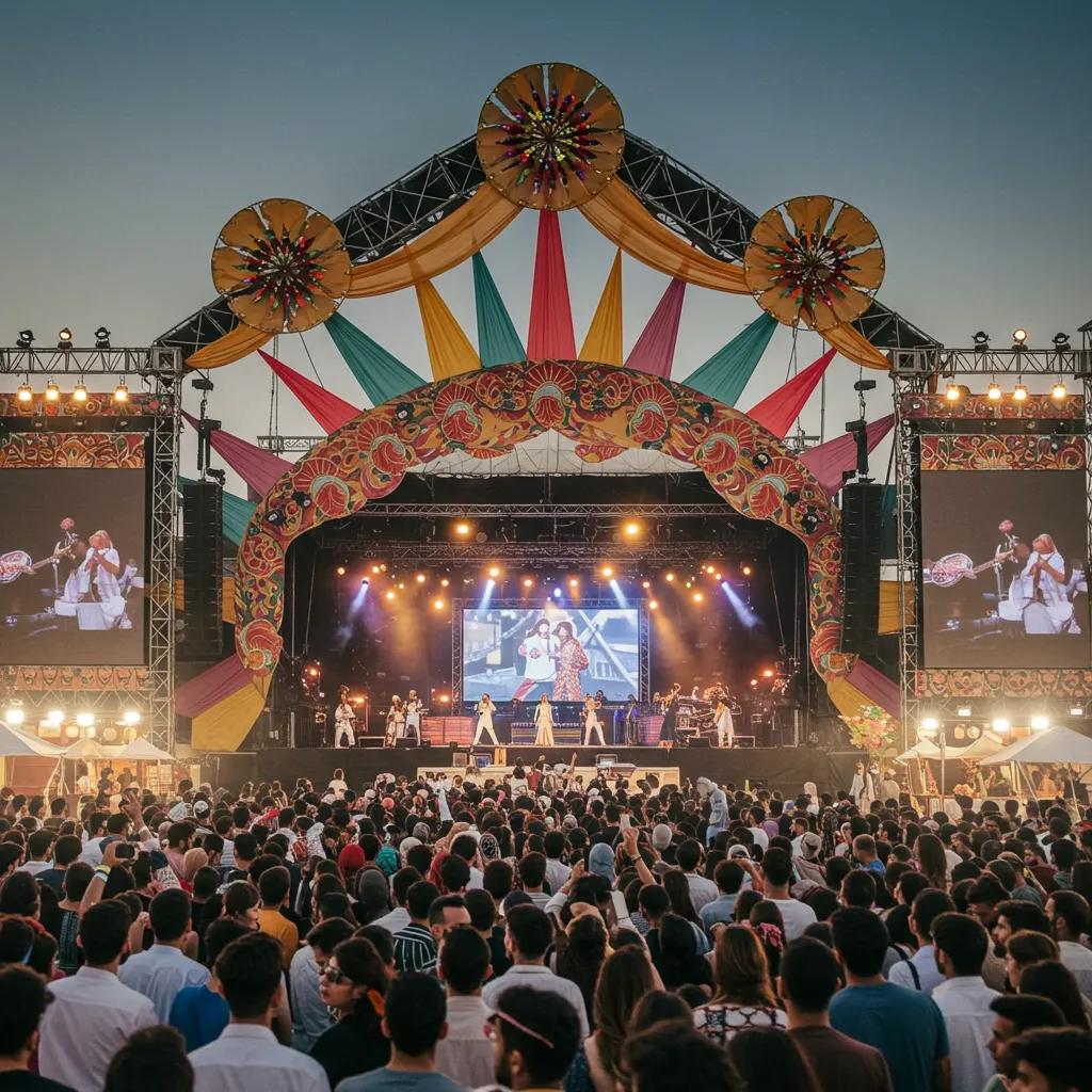 Crowd at a vibrant music festival in Pakistan with artists performing on stage