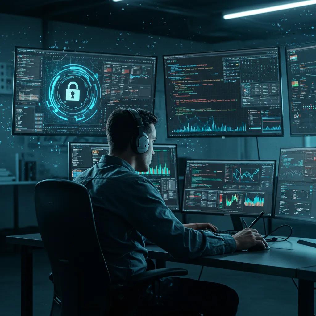 Cybersecurity professional analyzing data in a high-tech security operations center