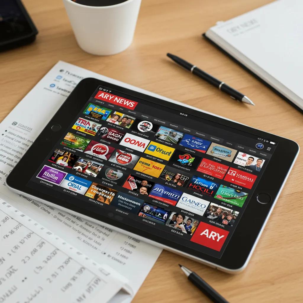 Digital tablet displaying ARY News TV schedule interface with program names and timings, highlighting user-friendly access to information.
