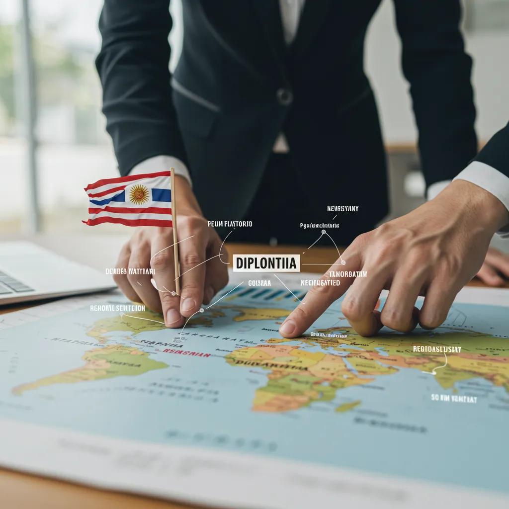 A diplomat highlights global regions on a map, illustrating key concepts in international relations