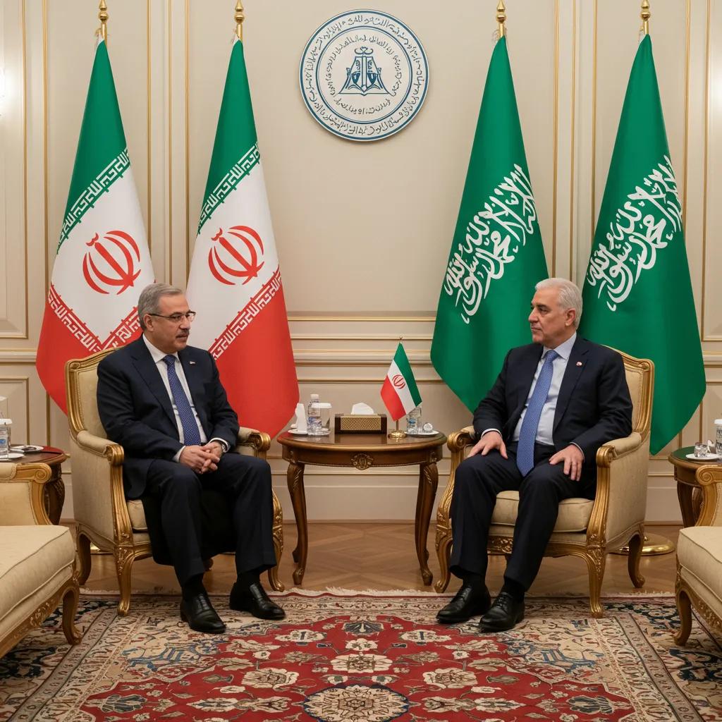 Diplomatic meeting between Iranian and Saudi officials highlighting negotiation dynamics