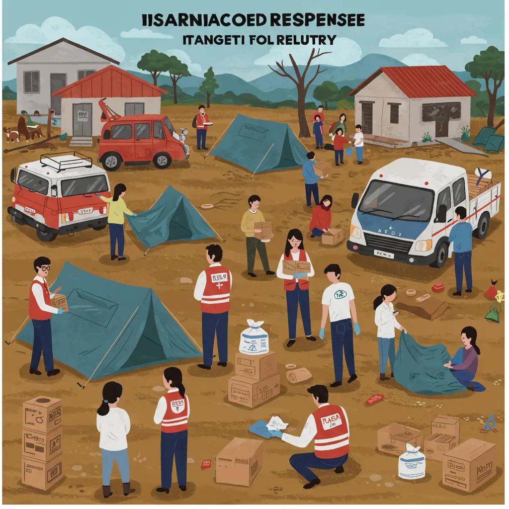A dedicated disaster relief team coordinating efforts in a crisis-stricken area, providing essential medical assistance and distributing vital supplies