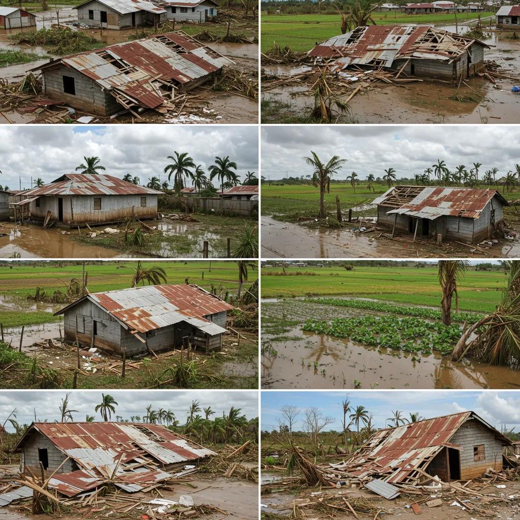 Diverse damage types in Black River from Hurricane Melissa, including structural and agricultural impacts