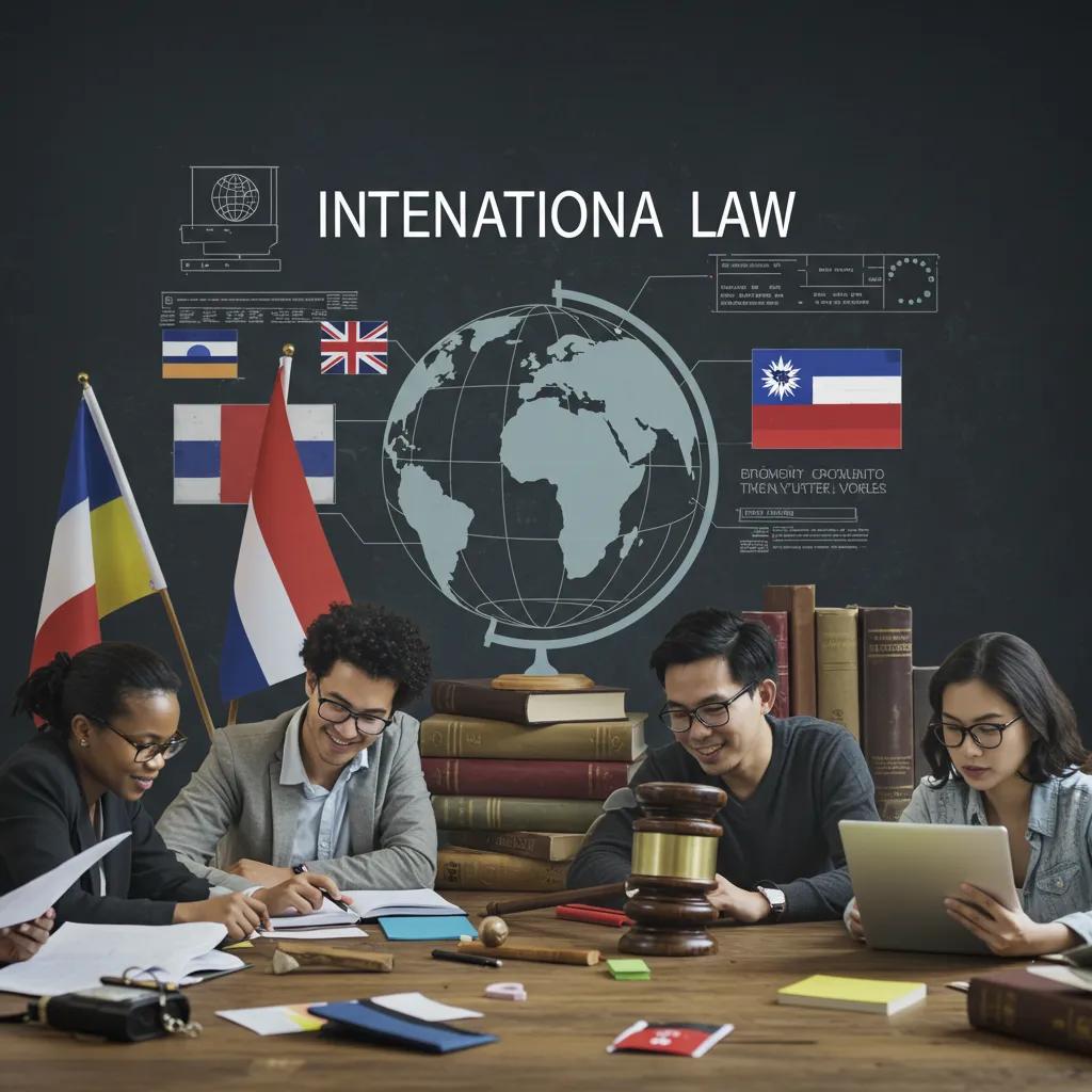 A diverse group engaging in discussions on international law, surrounded by a globe and legal texts