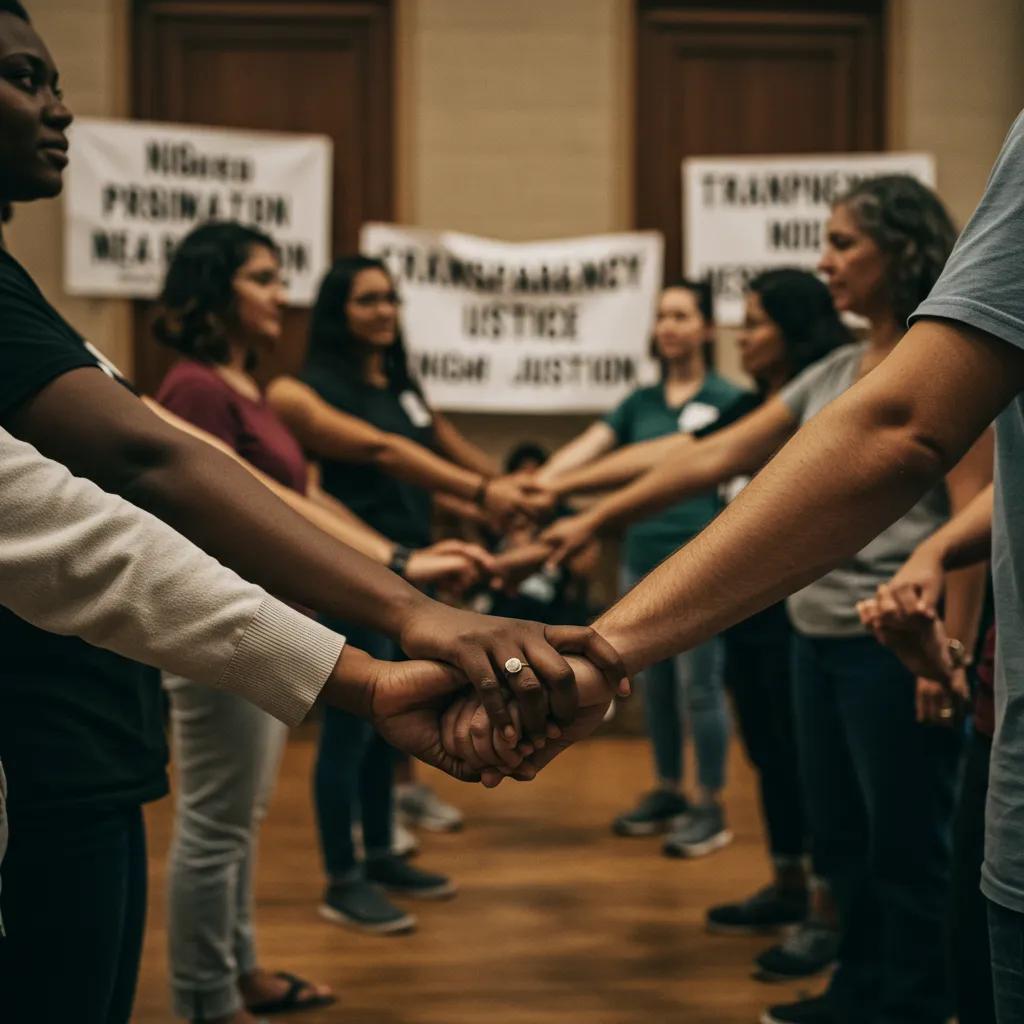 Diverse group of individuals holding hands in a circle, symbolizing unity and support for survivor advocacy