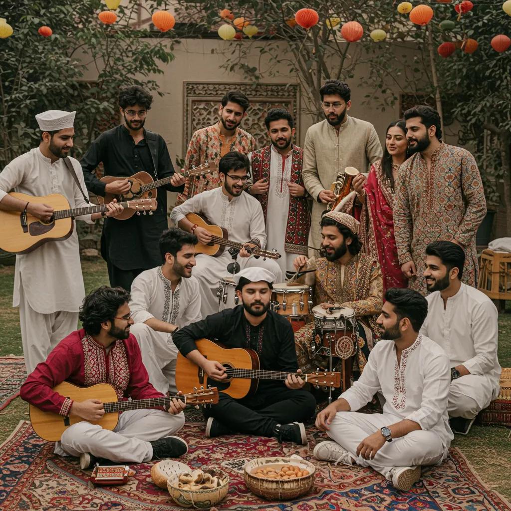 Diverse Pakistani musicians collaborating in a jam session, illustrating the influence of music genres