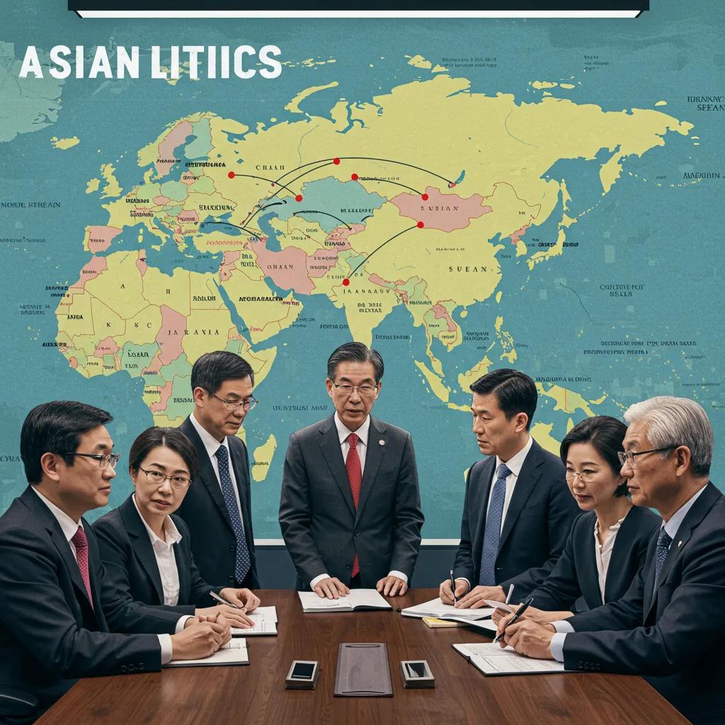 Diverse policymakers discussing Asian geopolitics in a modern conference room