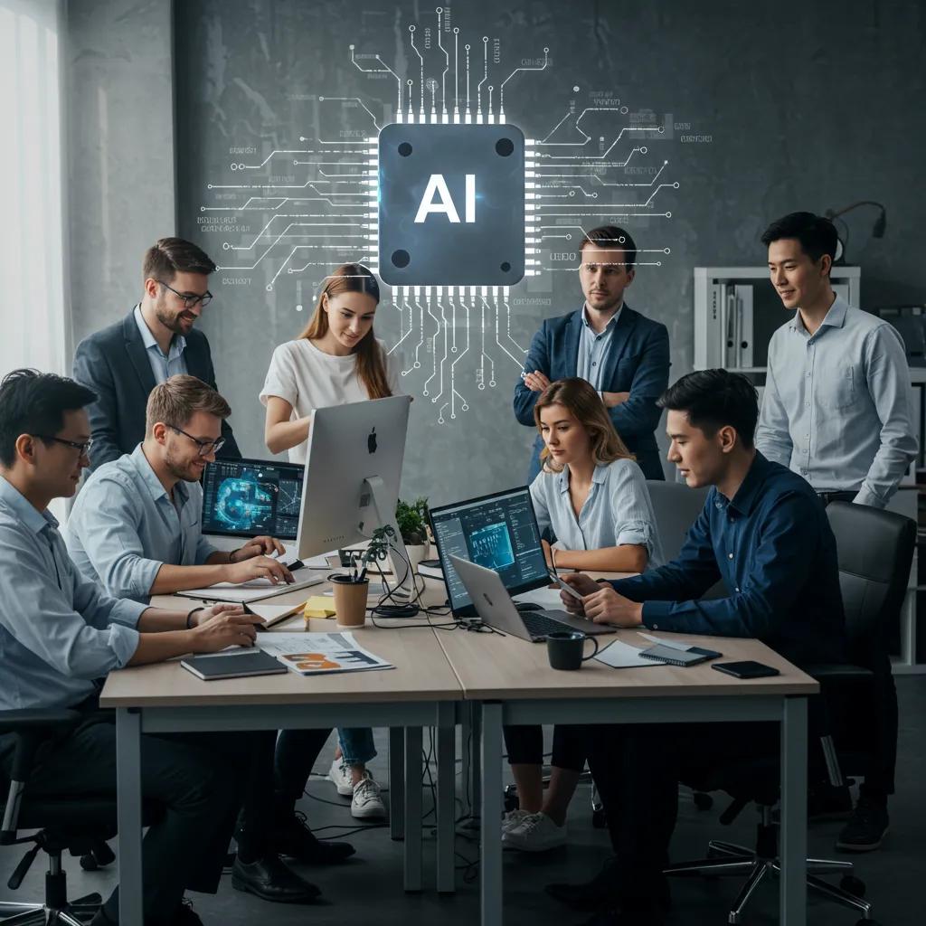 Diverse professionals collaborating in a workspace enhanced by AI technology