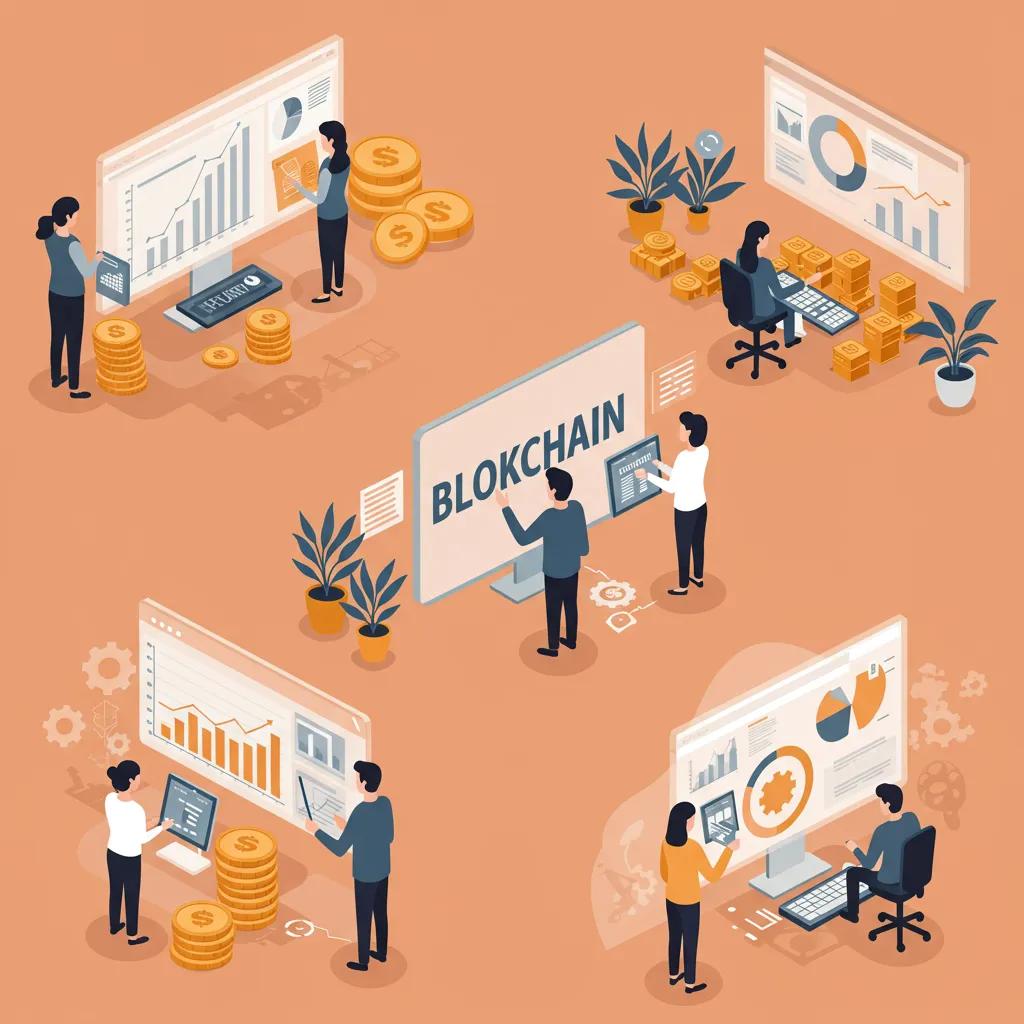 Diverse professionals engaging with blockchain applications in finance, supply chain, and healthcare