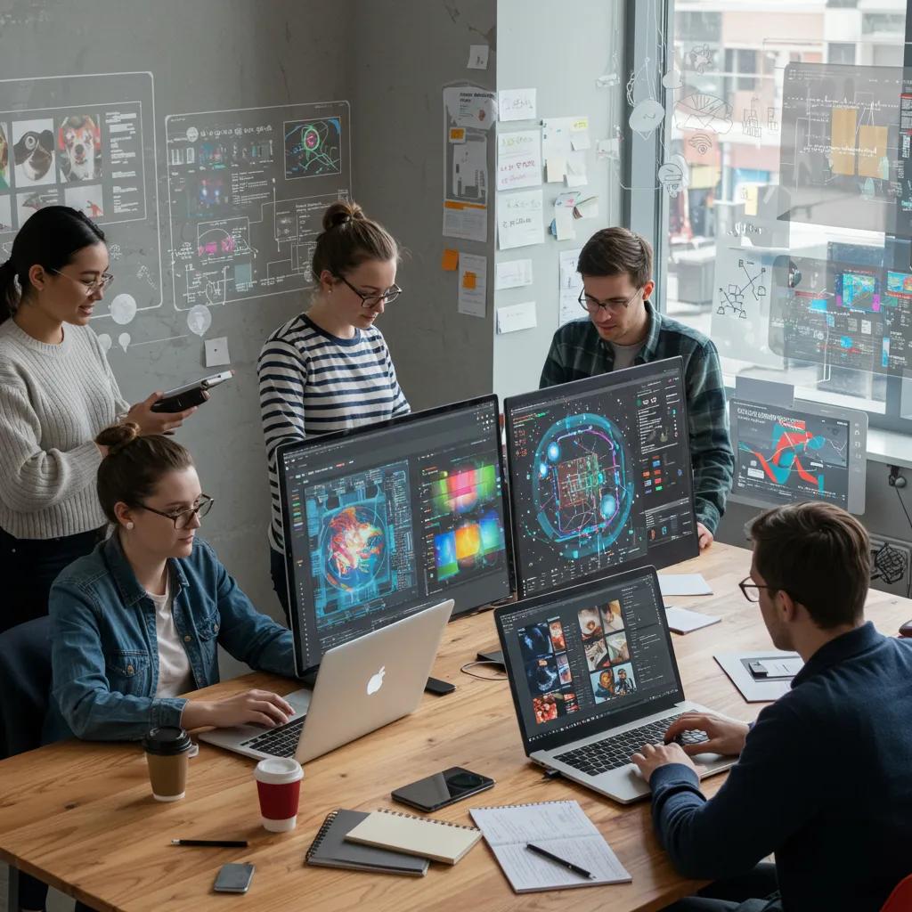 Diverse team collaborating on generative AI projects in a creative workspace