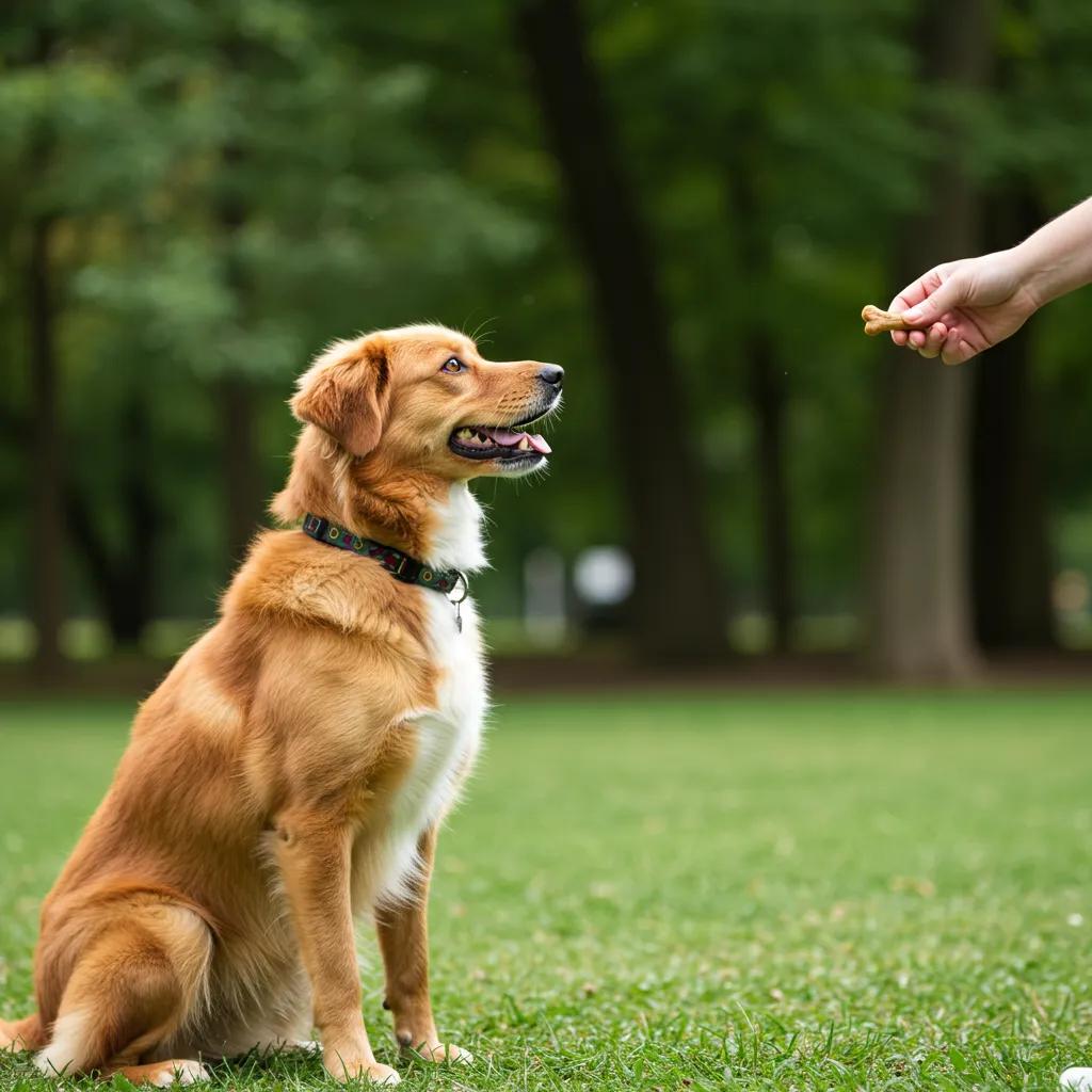 Dog sitting attentively during training for basic commands in a park setting