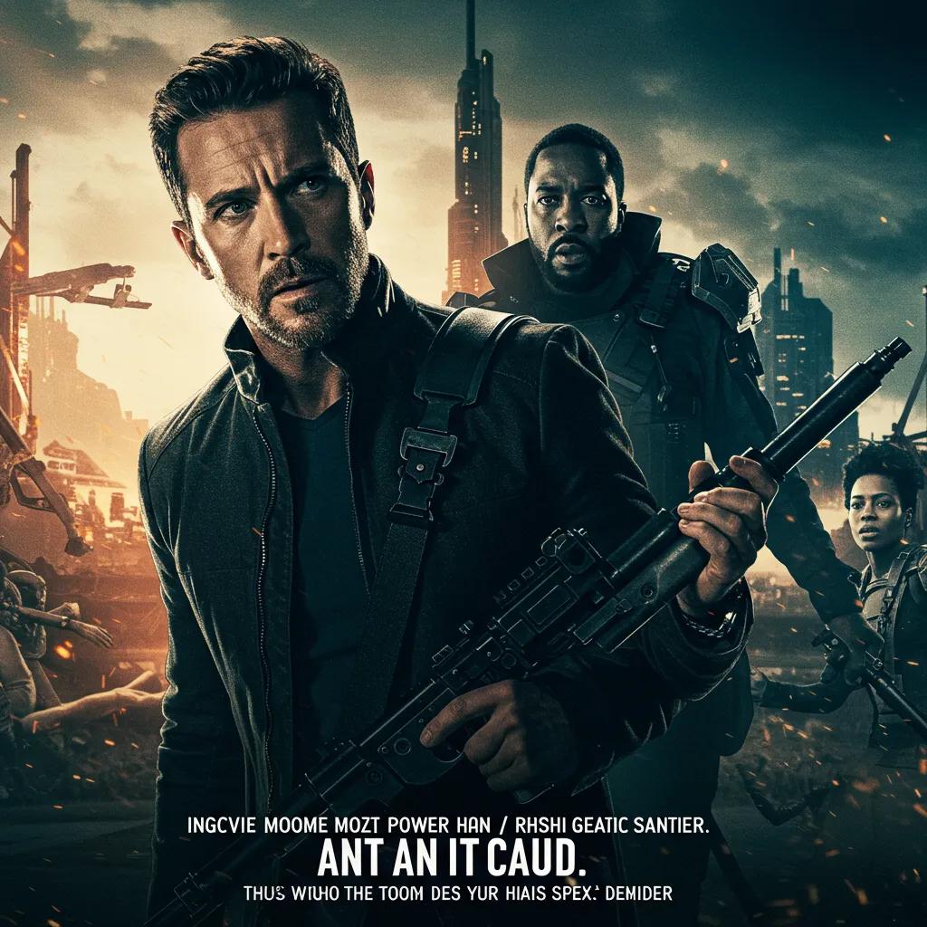 Dramatic action scene from a Hollywood movie trailer featuring a leading actor