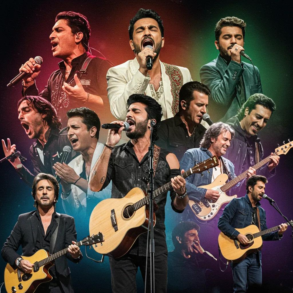 Dynamic collage of iconic music artists performing, showcasing diversity in music styles and cultures