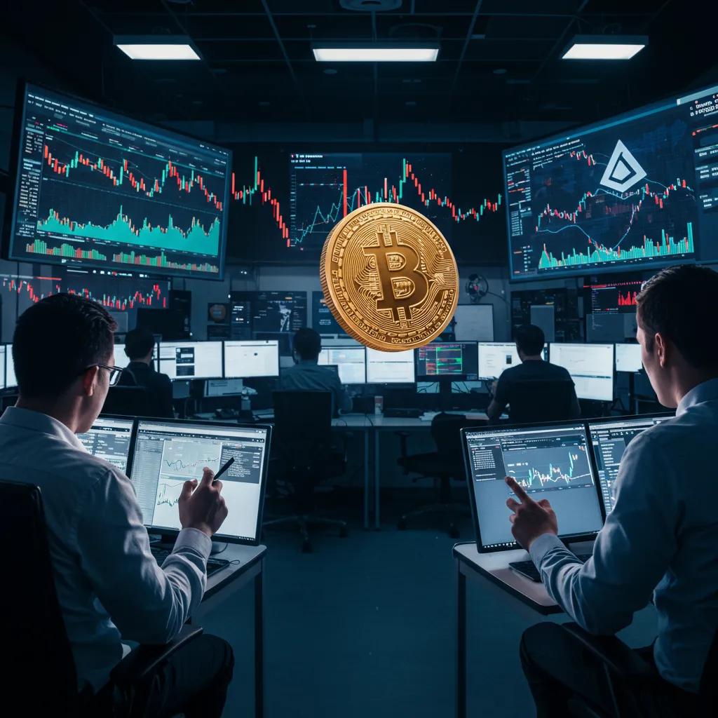 Dynamic trading floor scene depicting cryptocurrency exchanges with active traders and digital screens