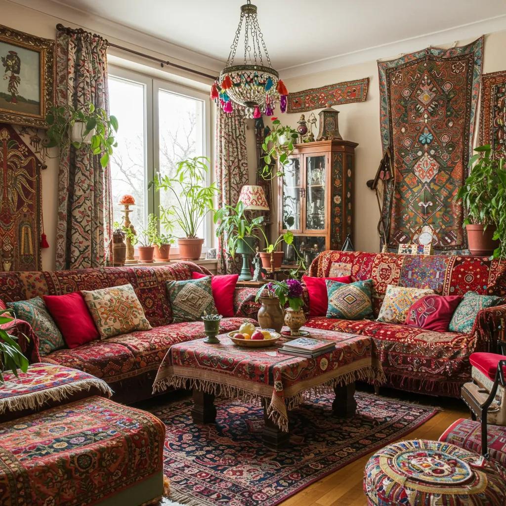 Eclectic bohemian living space with vibrant colors and unique vintage decor
