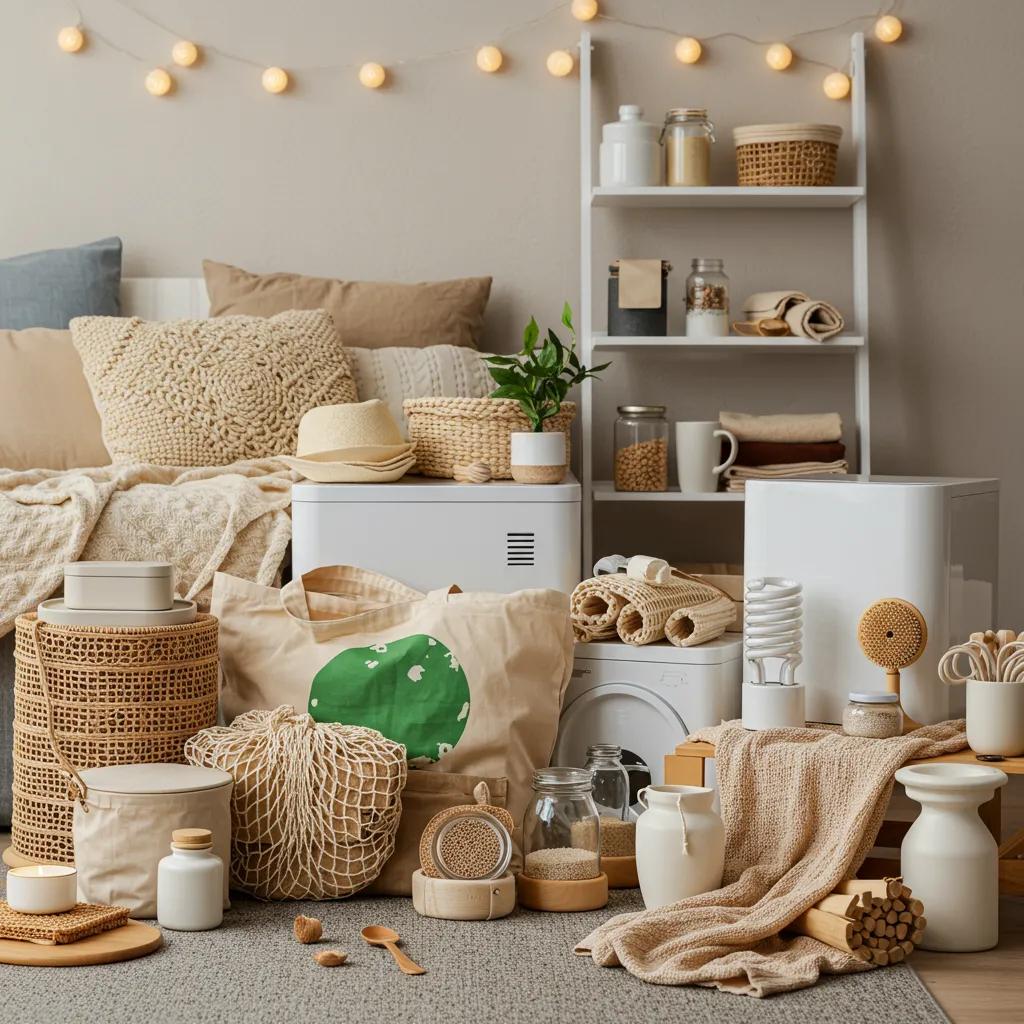 Eco-friendly products in a cozy home setting, highlighting sustainable and ethical shopping practices