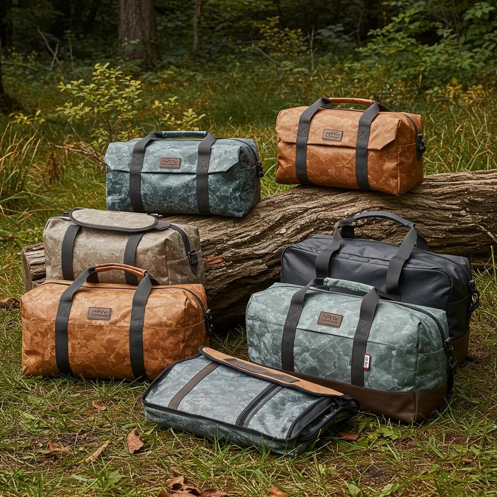 Eco-friendly travel bags made from recycled materials in a natural outdoor setting