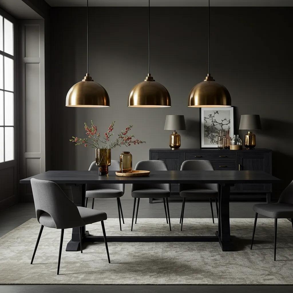 Elegant dining room with dark-finish wooden furniture and statement lighting creating depth and ambiance