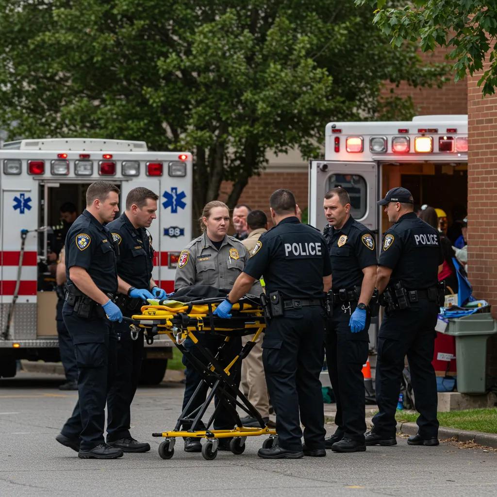 Emergency responders assisting at a school shooting scene, illustrating immediate reactions and safety protocols