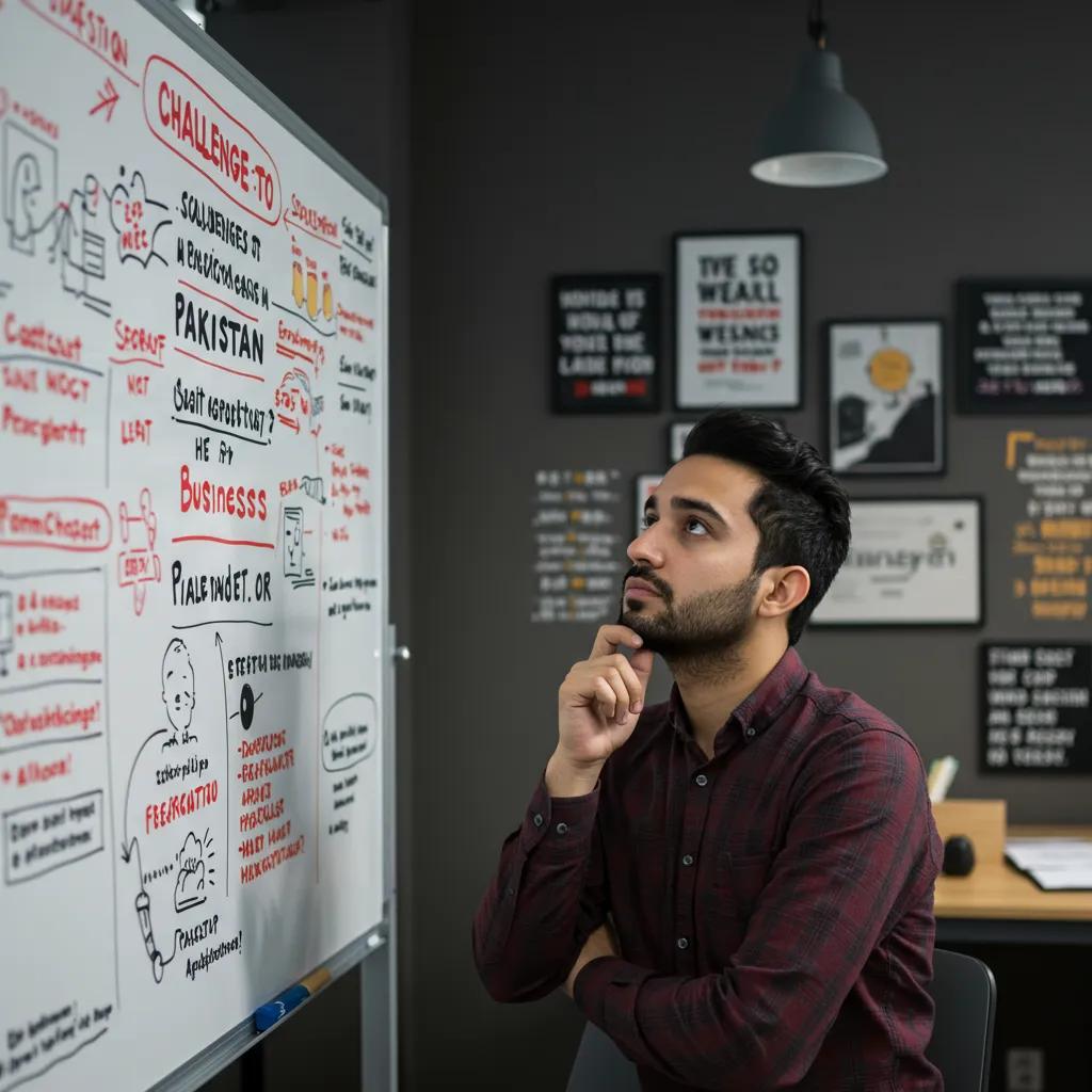 Entrepreneur contemplating challenges and solutions on a whiteboard in a cozy office space