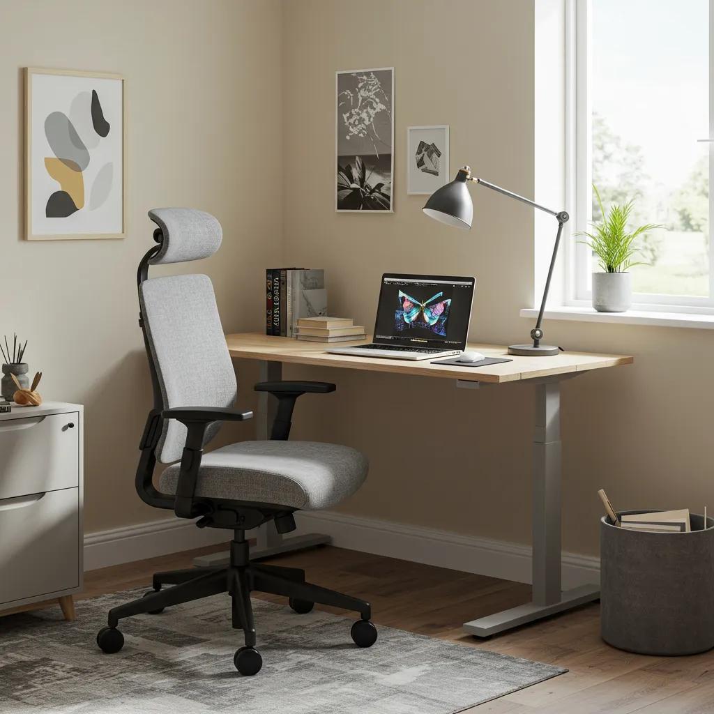 Ergonomic chair and adjustable desk in a home office setting