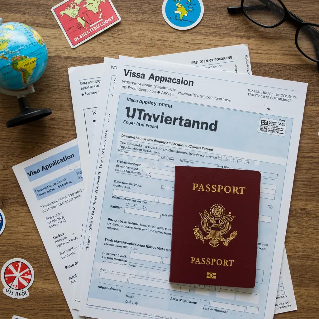 Essential travel documents including passport and visa application forms arranged on a wooden table