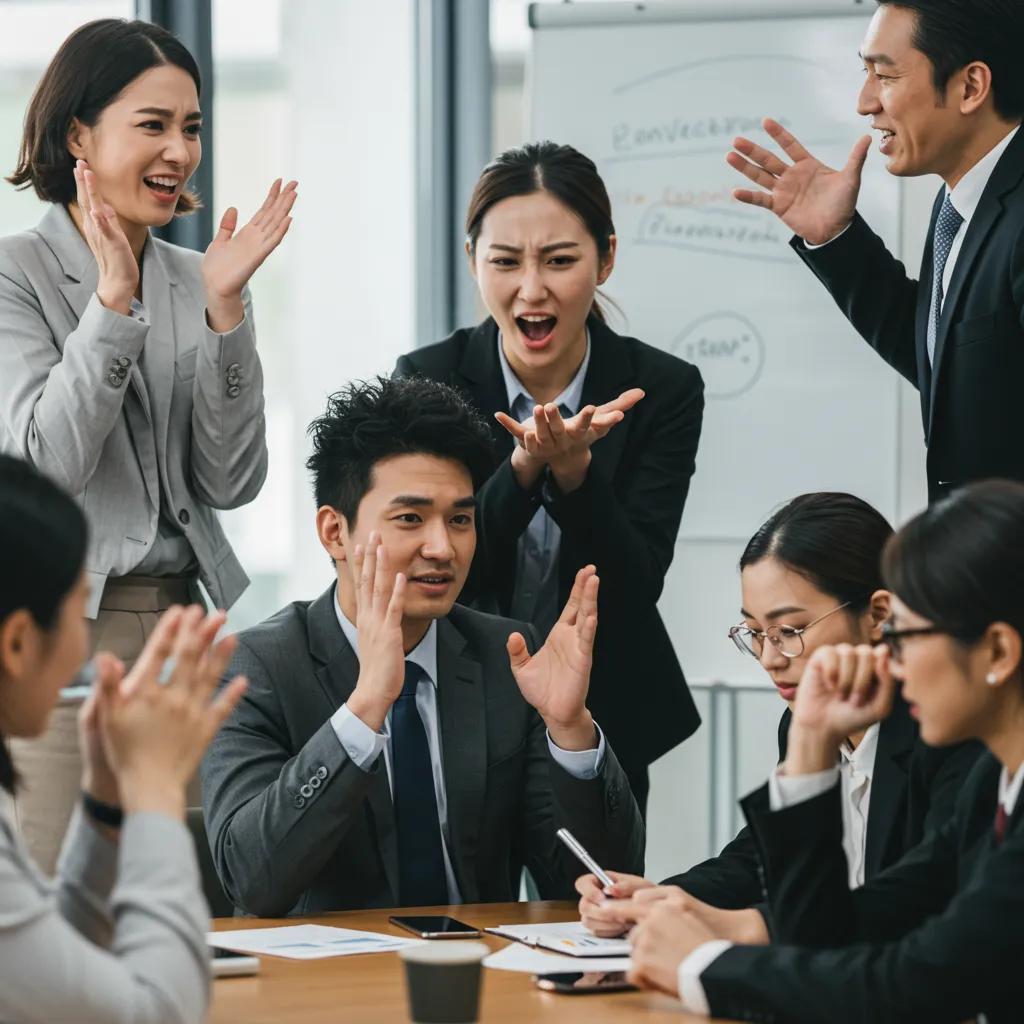Examples of nonverbal communication cues in a meeting setting, illustrating gestures and expressions