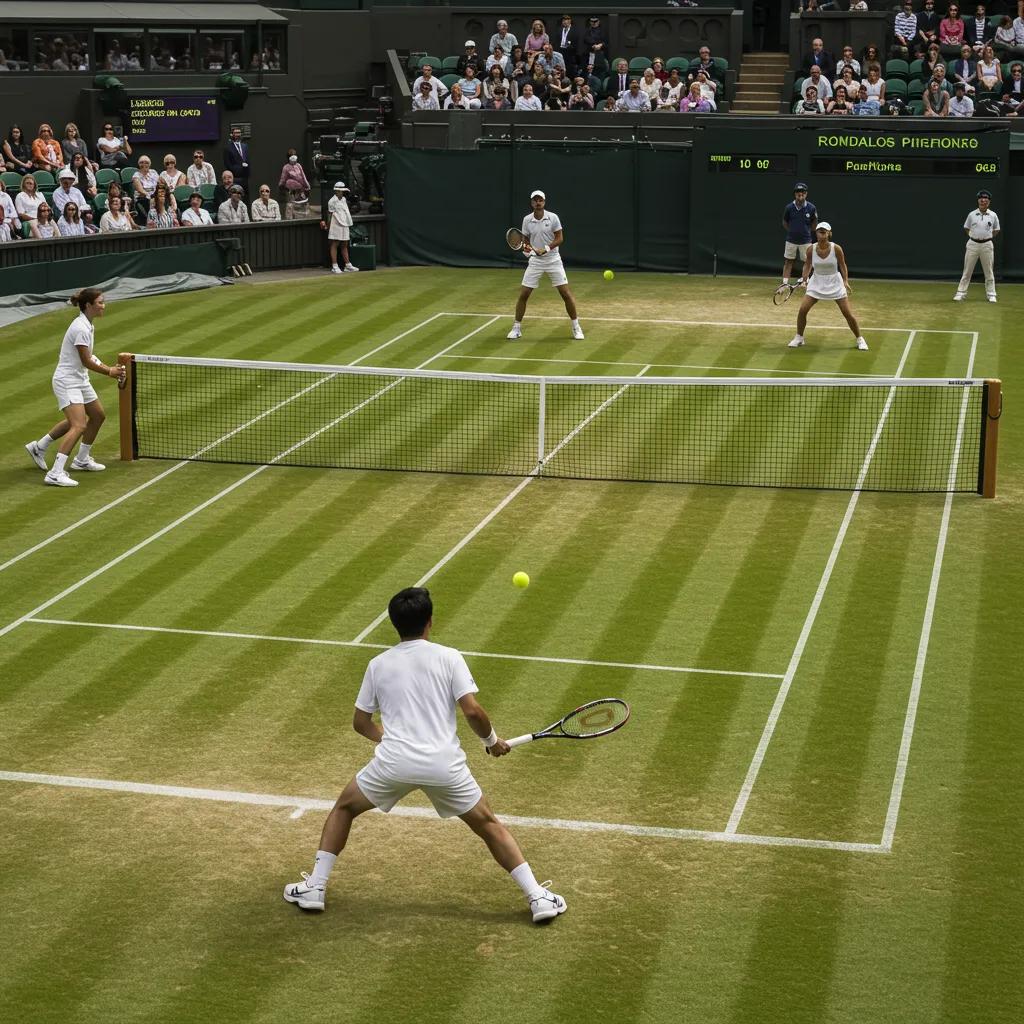 Iga Świątek in action during the Wimbledon 2025 women's singles final on grass court