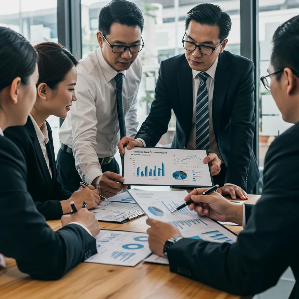 Executives discussing corporate acquisition strategies in a business meeting