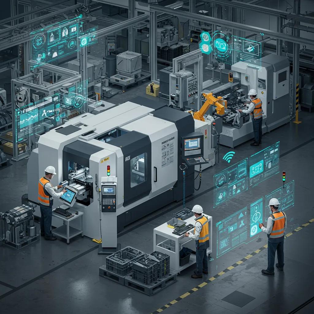 Factory floor showcasing Industry 4.0 technologies with IoT devices and smart machinery