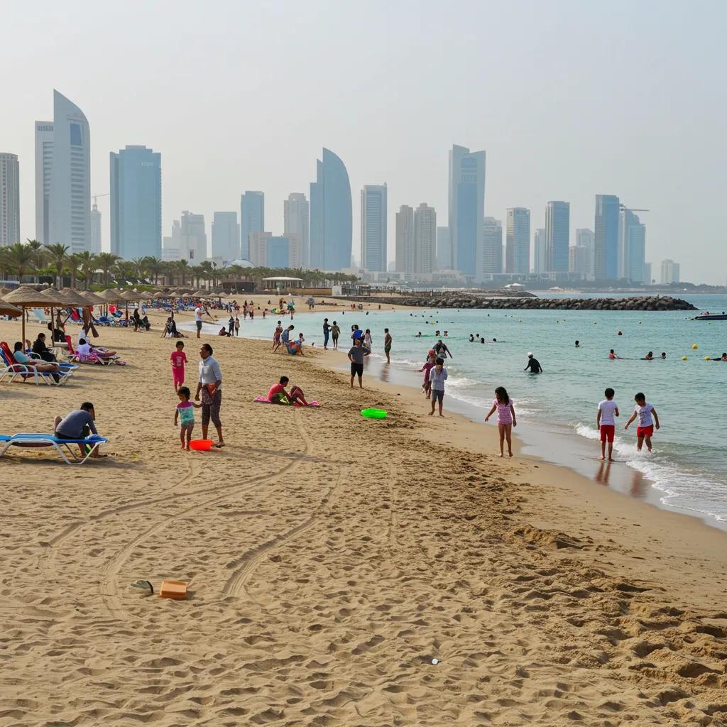 Families enjoying activities at Katara Beach with a beautiful coastline in the background