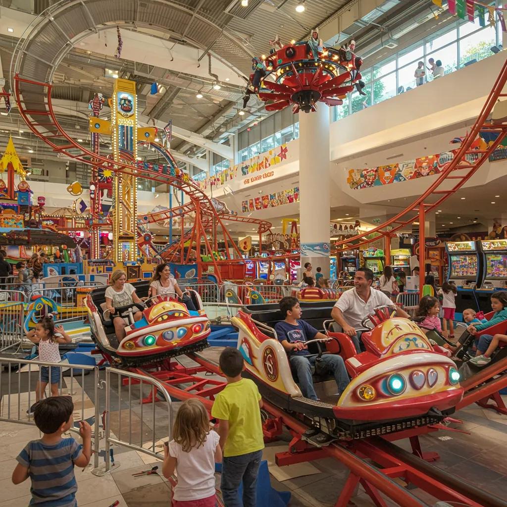 Families enjoying rides and arcade games at Gondolania Theme Park in Villaggio Mall
