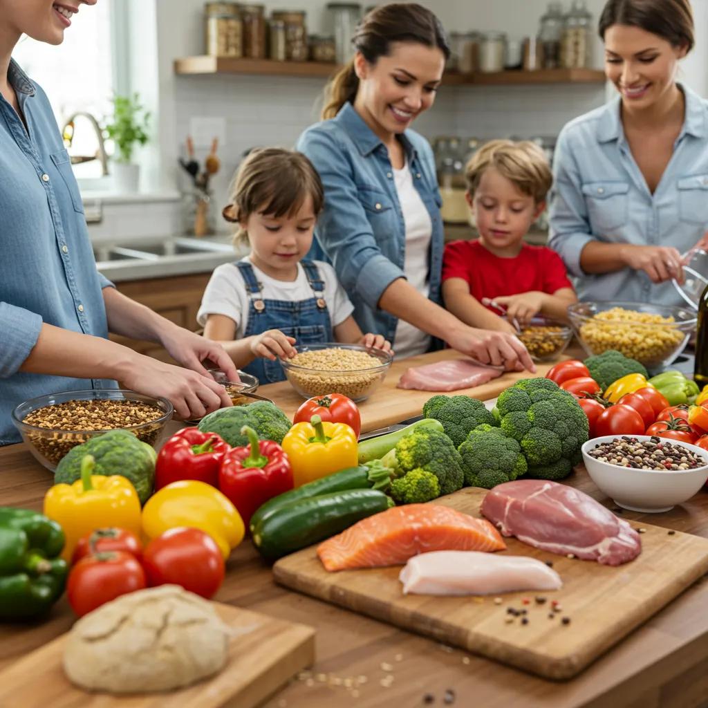 Family cooking healthy meal together in a vibrant kitchen, highlighting nutrition and fitness