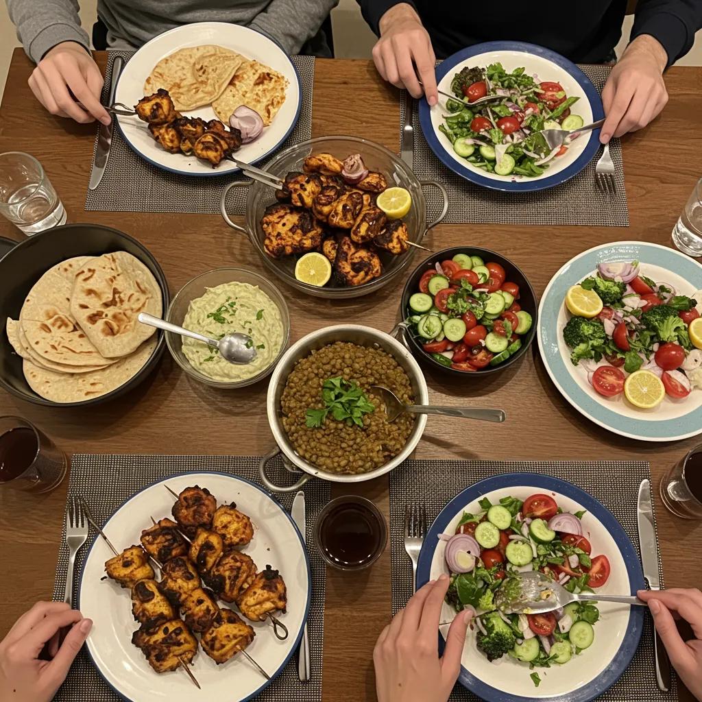 Family dinner featuring healthy Pakistani dishes like tandoori chicken and lentil stew