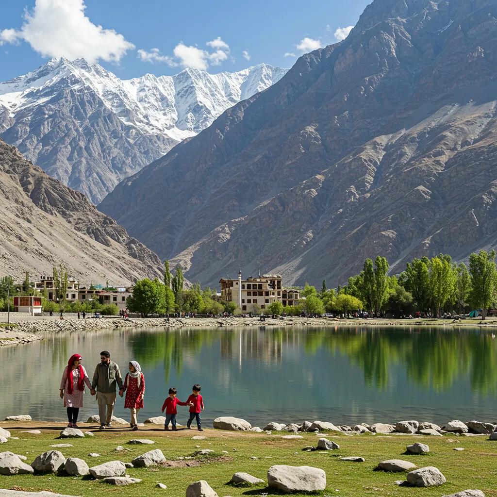 Family enjoying a walk by a serene lake in Hunza Valley, showcasing the beauty of nature