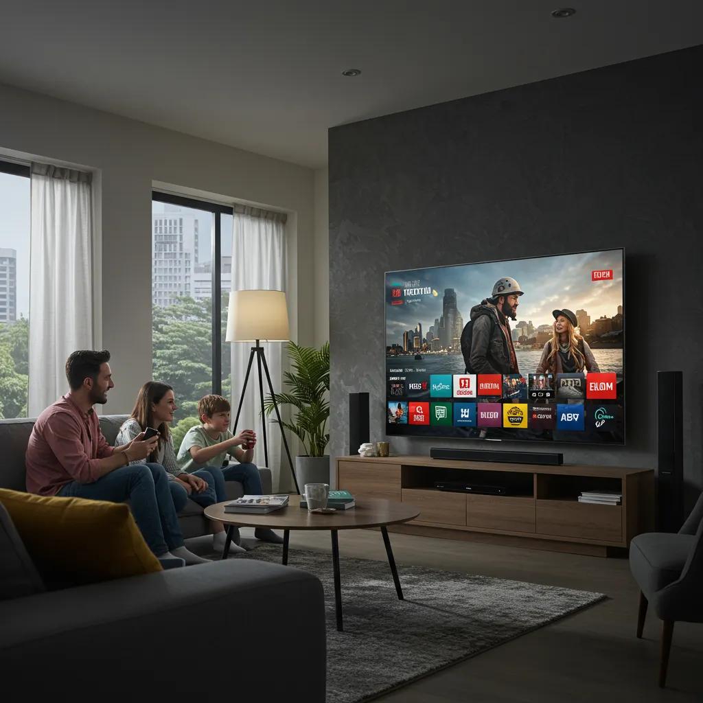Family enjoying digital television and streaming content in a modern living room