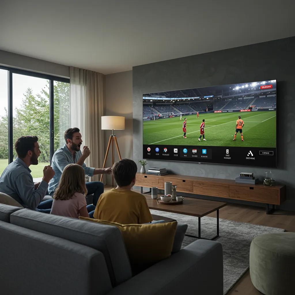 Family enjoying live TV streaming in a modern living room