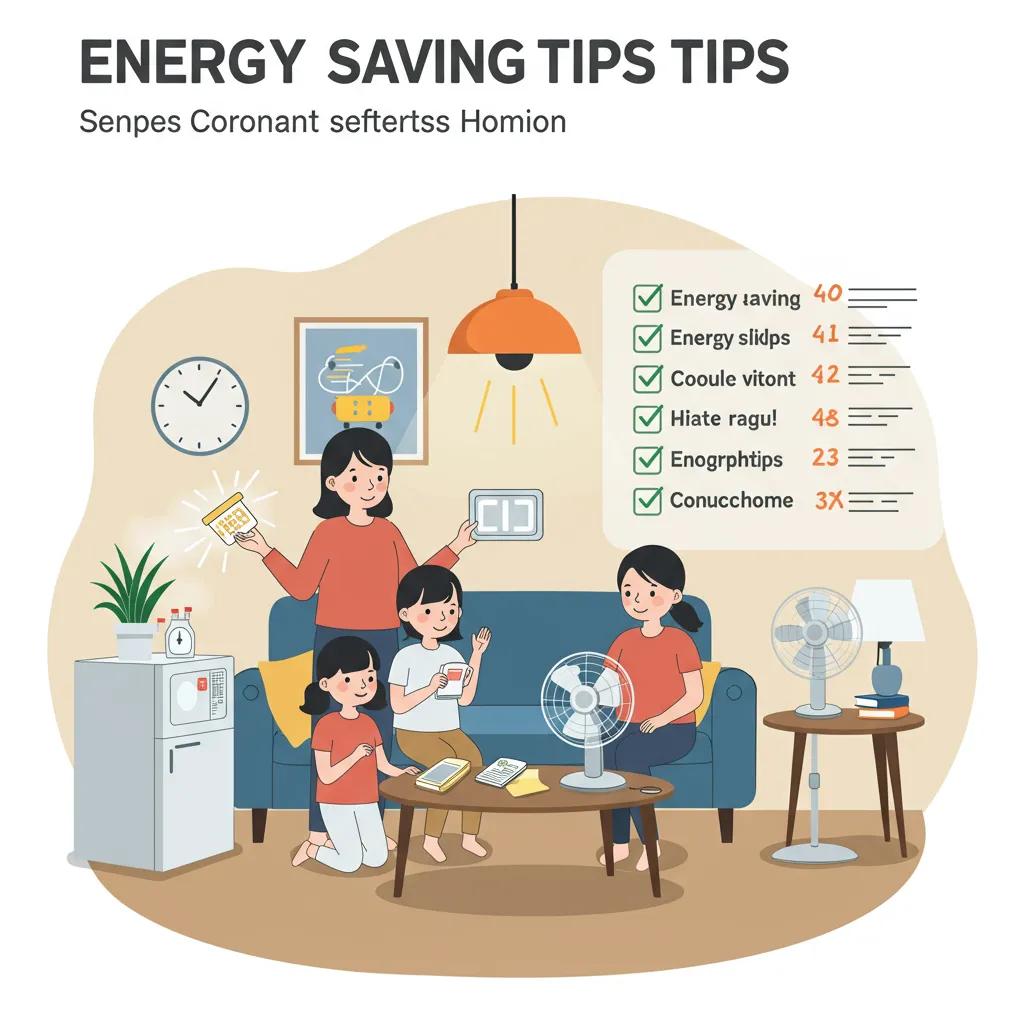 Family implementing energy-saving tips at home with LED lighting and efficient appliances