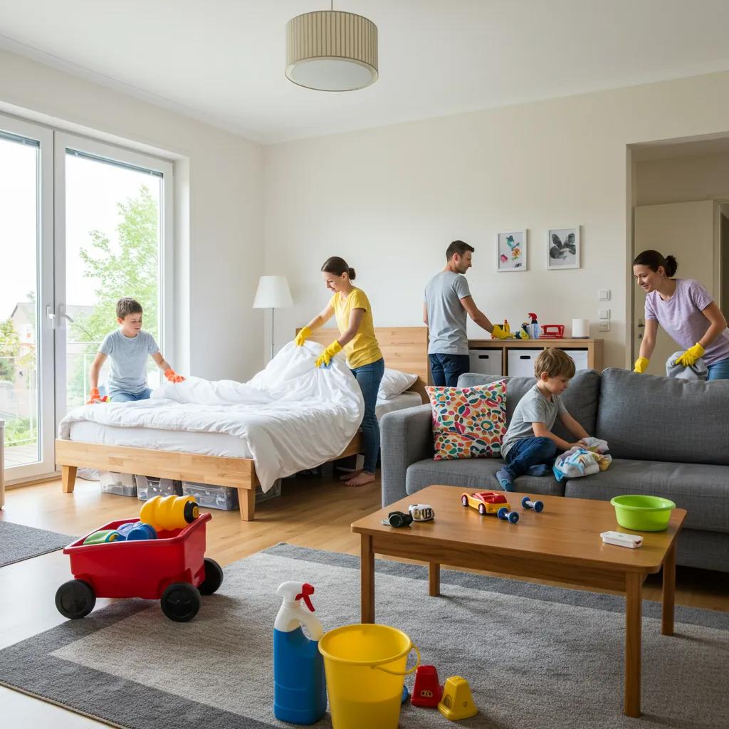Family performing daily cleaning tasks in a cozy living room