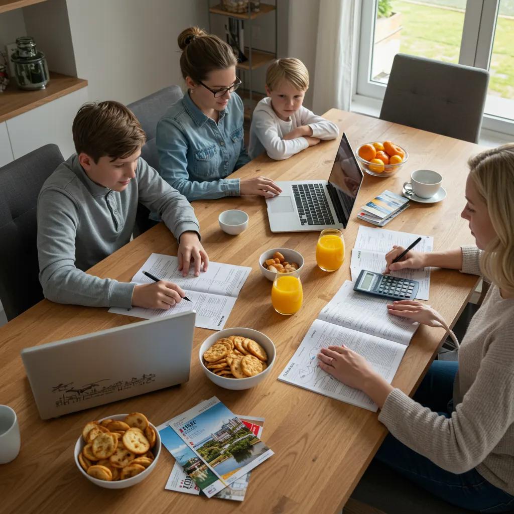Family planning their travel budget with brochures and a laptop, emphasizing travel planning
