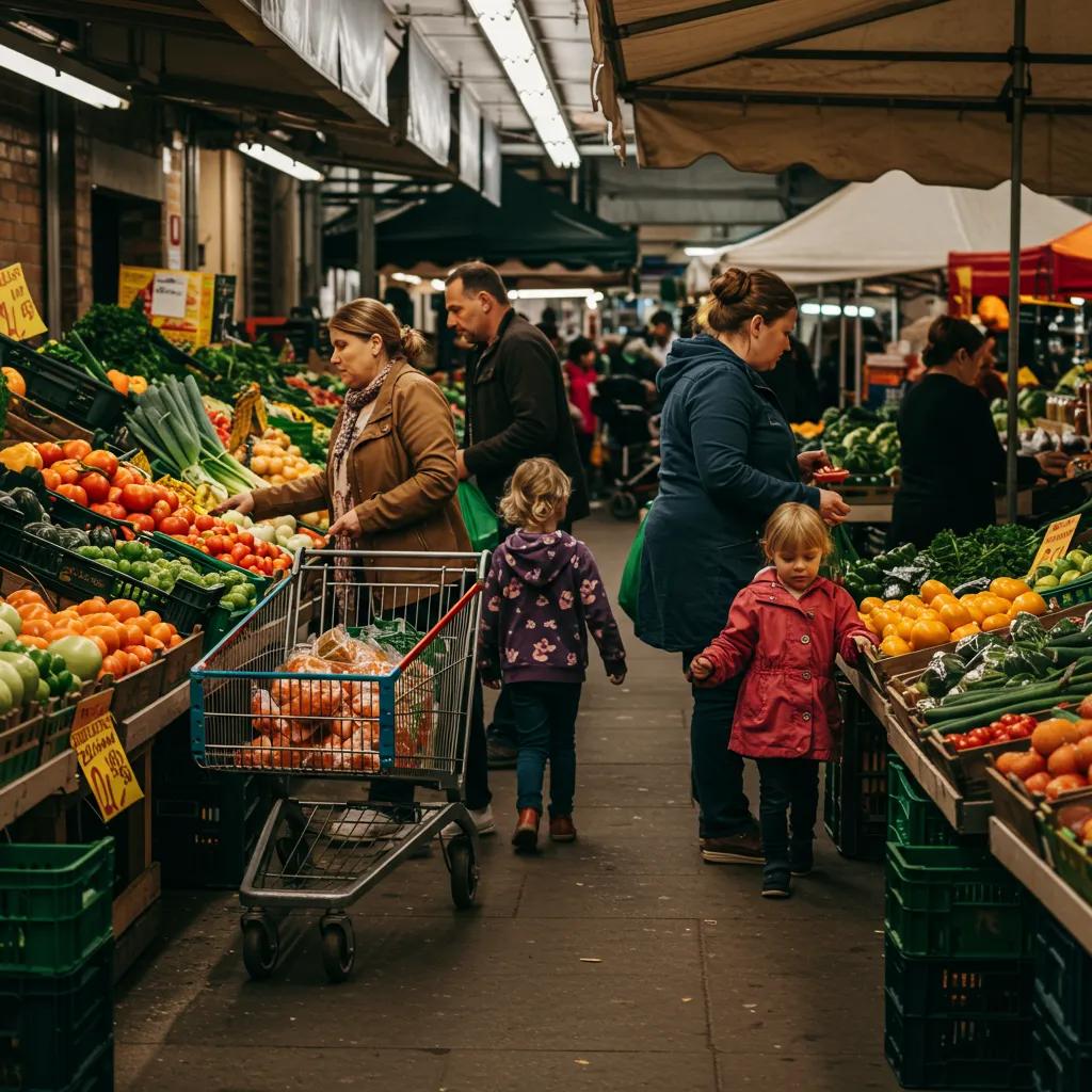 Family shopping in a market, illustrating the impact of inflation on daily life