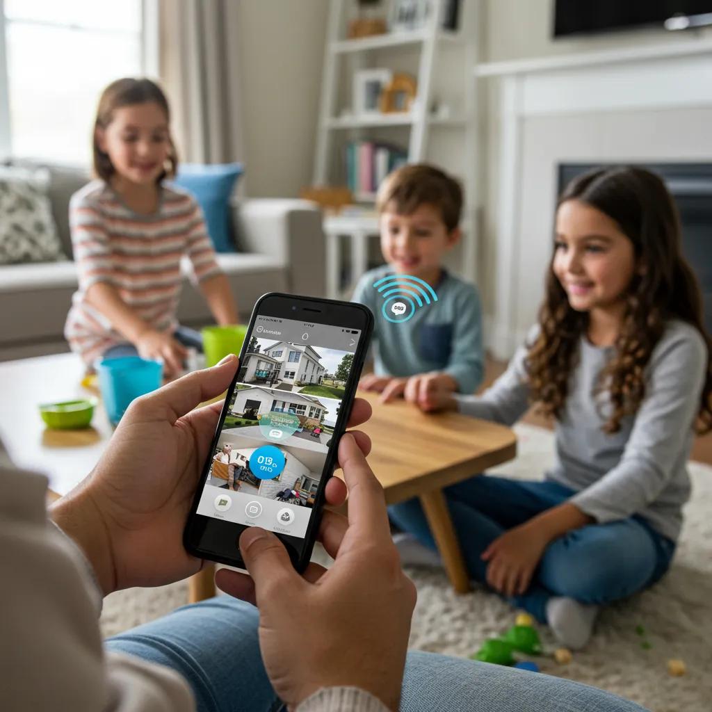 Family using a smart home security system through a mobile app in a cozy home setting