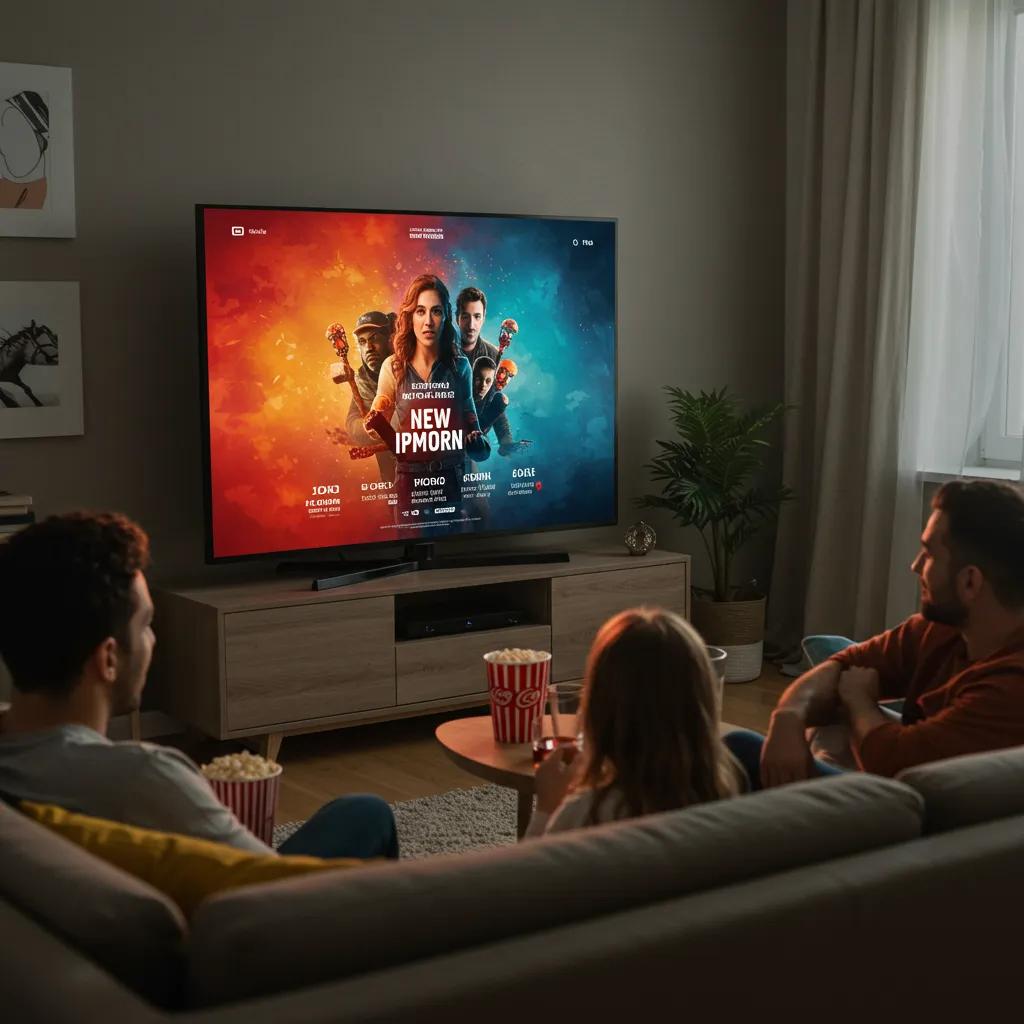 Family watching a new movie on an OTT platform in a cozy living room, with popcorn and drinks on the table