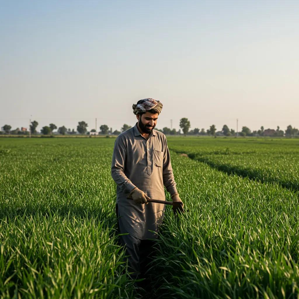 Farmer in a lush green field representing agricultural contributions to GDP growth in Pakistan